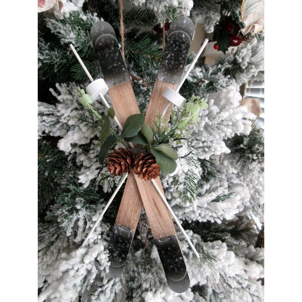 Pier 1 Wood Skiis Glittered Beaded‎ Pinecone Greenery Christmas Ornament